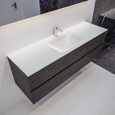 Mondiaz VICA ensemble de meuble de salle de bain - 150cm - meuble sous-vasque marron foncé - 2 tiroirs - lavabo nuage milieu - 1 trou de robinet version XL 60cm de haut