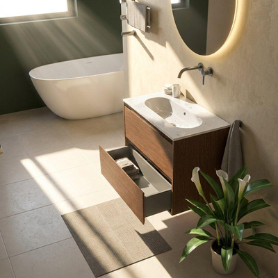 Saniclass Holz Pure Ensemble de meubles de salle de bains - 80x45x73.9cm - lavabo Chaci en céramique blanc - 1 vasque - sans trou de robinet - 2 tiroirs - noyer pure mat (bois)