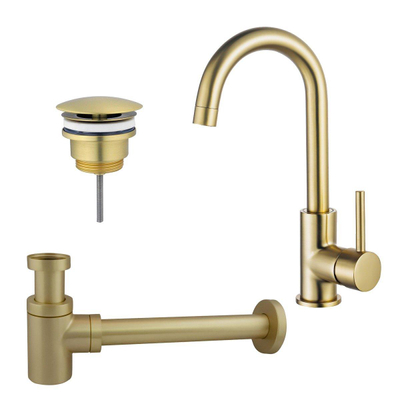 FortiFura Calvi Kit robinet lavabo - robinet haut - bec rotatif - bonde non-obturable - siphon design bas - Laiton brossé PVD