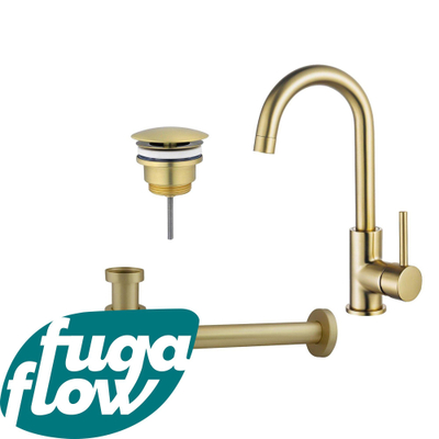 FugaFlow Eccelente Sobrado Badkamer Wastafelkraanset - hoge wastafelkraan - draaibare uitloop - always open plug - verlaagde design sifon - PVD Geborsteld Messing