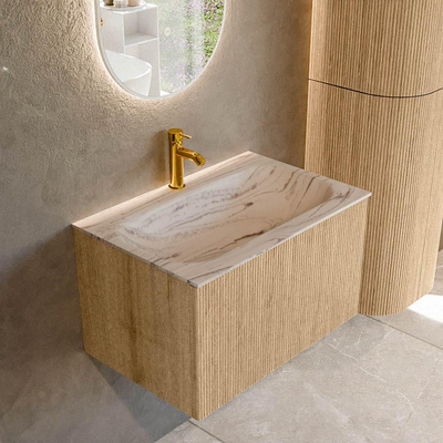 MONDIAZ KURVE-DLUX 70cm badmeubel kleur Oak met 1 lade en 0 deuren. Wastafel BIG SMALL Midden 1 kraangat Nata.