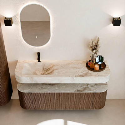 MONDIAZ THOR-DLUX 150cm meuble de salle de bains arrondi gauche + droite couleur Walnut avec 1 tiroir et 2 portes. Vasque suspendue CLOUD Gauche 1 trou de robinet couleur Frappe.