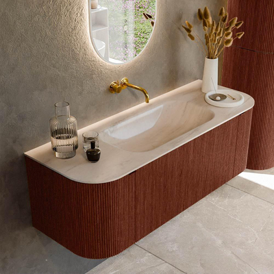 MONDIAZ KURVE-DLUX 130cm badmeubel ronding Links + Rechts kleur Ruby met 1 lade en 2 deuren. Wastafel BIG SMALL Midden zonder kraangat Meli.