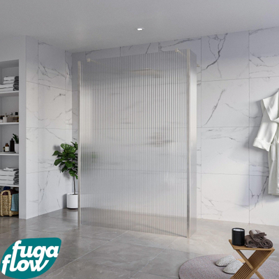 FugaFlow Eccelente Vetro Vrijstaande inloopdouche badkamer - 140x200cm - Helder geribbeld - antikalk - 8mm veiligheidsglas - 2 zijwanden 40cm - met wandarmen en hoekprofielen - RVS geborsteld -
