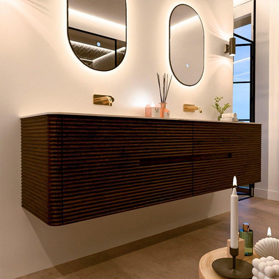 Mondiaz CIRO-DLUX Badkamermeubelset - 190x45x50cm - Solid surface wastafel Nata - 2 wasbak Dubbel - zonder kraangaten - 4 lades - Walnut
