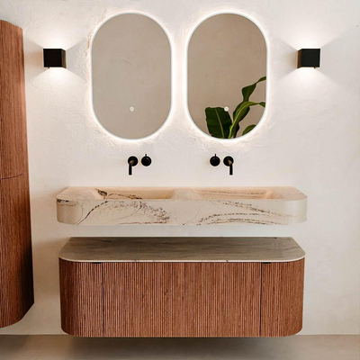 MONDIAZ THOR-DLUX 130cm meuble de salle de bains arrondi gauche + droite couleur Ruby avec 1 tiroir et 2 portes. Vasque suspendue CLOUD Double sans trou de robinet couleur Arena.