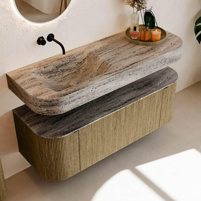 MONDIAZ THOR-DLUX Meuble de salle de bains 130cm arrondi gauche + droite couleur Dusk avec 1 tiroir et 2 portes. Vasque suspendue CLOUD Gauche sans trou de robinet couleur Oza.