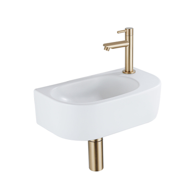 Fugaflow Efficiente Pietra Ensemble de fontaine - 40x21,5x12cm - droite - lisse - demi-ronde - 1 trou de robinet - céramique - robinet de fontaine en laiton brossé - bouchon de vidange - siphon abaissé - blanc mat