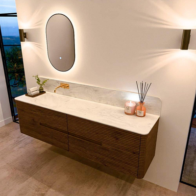 Mondiaz CIRO-DLUX Badkamermeubelset - 180x45x50cm - Solid surface wastafel Opalo - 1 wasbak Links - zonder kraangaten - 4 lades - Dusk