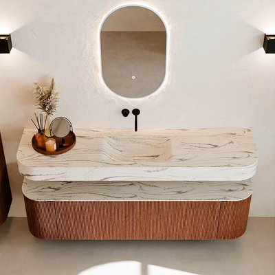 MONDIAZ THOR-DLUX 170cm meuble de salle de bains arrondi gauche + droite couleur Ruby avec 1 tiroir et 2 portes. Vasque suspendue CLOUD Milieu sans trou de robinet couleur Nata.