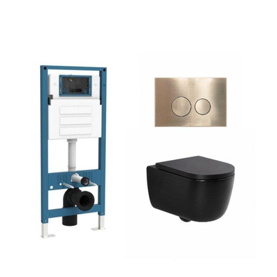 QeramiQ Dely Swirl Ensemble de toilette - réservoir encastré QeramiQ Flush - abattant 35 mm - plaque de commande en métal laiton brossé - boutons ronds - noir mat