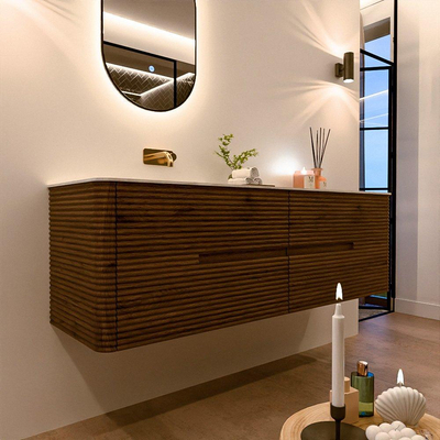 Mondiaz CIRO-DLUX Ensemble de meubles de salle de bains - 160x45x50cm - Plan vasque en solid surface Opalo - 1 lavabo à gauche - sans trous de robinet - 4 tiroirs - Dusk