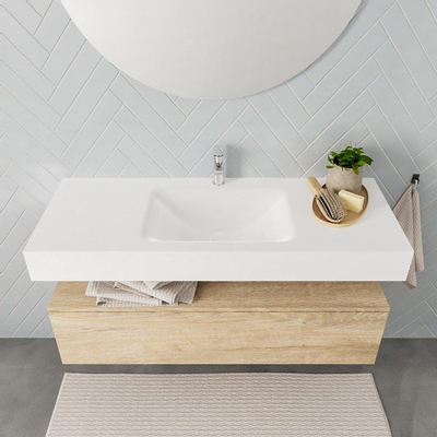 MONDIAZ ALAN 120cm - meuble bas - chêne blanchi - 1 tiroir - lavabo suspendu - cuve au milieu - 1 trou de robinet - talc