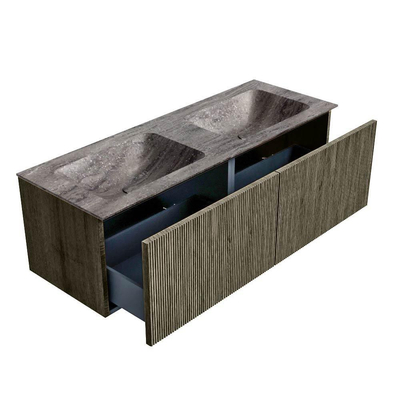 MONDIAZ KURVE-DLUX 130cm badmeubel kleur Shadow met 2 lades en 0 deuren. Wastafel LEAF Dubbel 2 kraangaten Oza.