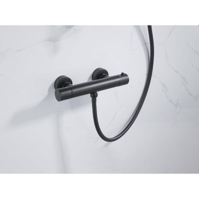 FortiFura Calvi Ensemble de douche barre curseur avec douchette stick, flexible en métal et robinet de douche Noir mat