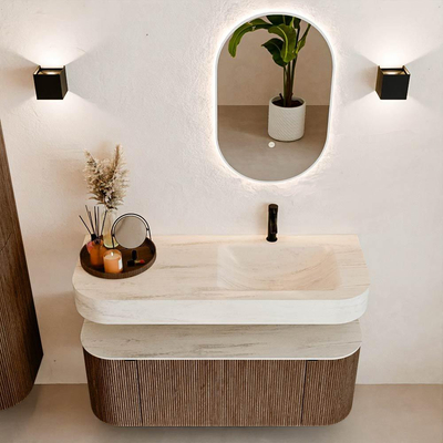 MONDIAZ THOR-DLUX 120cm meuble de salle de bains arrondi gauche + droite couleur Walnut avec 1 tiroir et 2 portes. Vasque suspendue CLOUD Droite 1 trou de robinet couleur Meli.