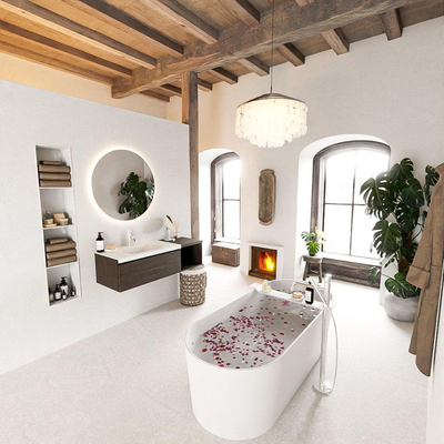 MONDIAZ BUKLA meuble de salle de bains 120 cm avec module ouvert 40 couleur Dark Brown avec 1 tiroir. Lavabo CLOUD à gauche 1 trou de robinet couleur Talc.