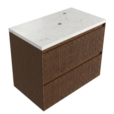 Saniclass Holz Atelier Ensemble de meubles de salle de bains - 80x45x63cm - Plan vasque en marbre Dia poli (blanc) - 1 trou de robinetterie - 2 tiroirs - walnut pure mat (bois)