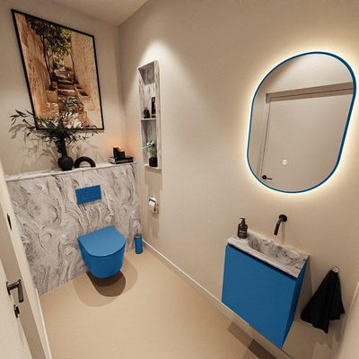 MONDIAZ TURE-DLUX Meuble toilette - 40cm - Jeans - EDEN - vasque Glace - position droite - sans trou de robinet