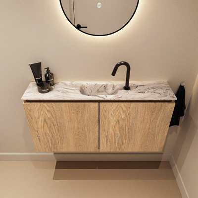 MONDIAZ TURE-DLUX Meuble toilette - 100cm - Washed Oak - EDEN - vasque Glace - position centrale - 1 trou de robinet