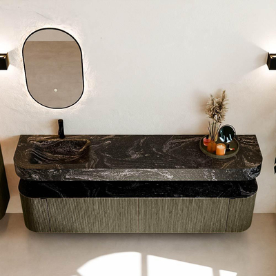 MONDIAZ THOR-DLUX 200cm meuble de salle de bains arrondi gauche + droite couleur Shadow avec 2 tiroirs et 2 portes. Vasque suspendue CLOUD Gauche 1 trou de robinet couleur Lava.