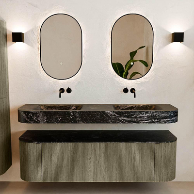 MONDIAZ THOR-DLUX 160cm meuble de salle de bains arrondi gauche + droite couleur Shadow avec 1 tiroir et 2 portes. Vasque suspendue CLOUD Double sans trou de robinet couleur Lava.