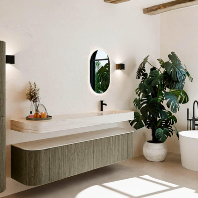 MONDIAZ THOR-DLUX Meuble de salle de bains - 190cm - arrondi gauche + droite - couleur Shadow - 2 tiroirs - 2 portes - Vasque suspendue CLOUD Droite 1 trou de robinet couleur Meli