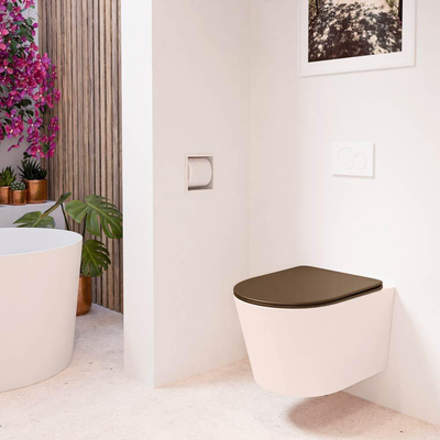Mondiaz LAVIE hangtoilet – spoelrandloos – 36 x 53 cm – met softclose zitting – Rosee (roze), zitting Rust (bruin)