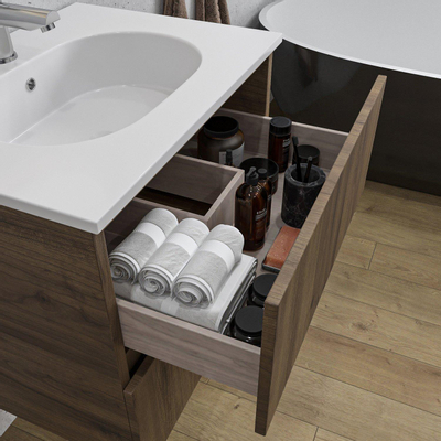 Adema Chaci Ensemble de meuble - 60x46x57cm - 1 vasque ovale en céramique blanche - 1 trou de robinet - 2 tiroirs - armoire de toilette - Noyer