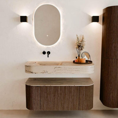 MONDIAZ THOR-DLUX 110cm meuble de salle de bains arrondi gauche + droite couleur Walnut avec 1 tiroir et 2 portes. Vasque suspendue CLOUD Gauche sans trou de robinet couleur Arena.