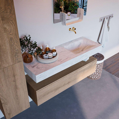 Mondiaz ALAN-DLUX Ensemble de meuble - 130cm - meuble Washed Oak mat - 1 tiroir - Lavabo Cloud Opalo suspendu - vasque Droite - 0 trous de robinet
