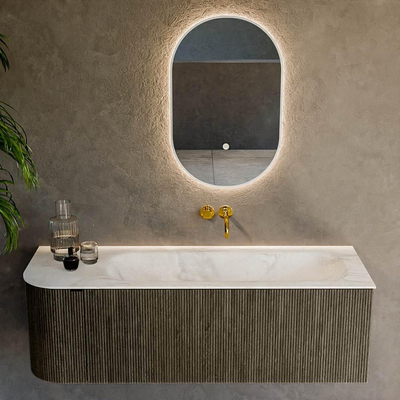Mondiaz KURVE-DLUX Ensemble de meuble salle de bain - 135x46x40cm - 1 tiroir - 1 porte - lavabo en solid surface - droite - sans trou de robinet - Shadow