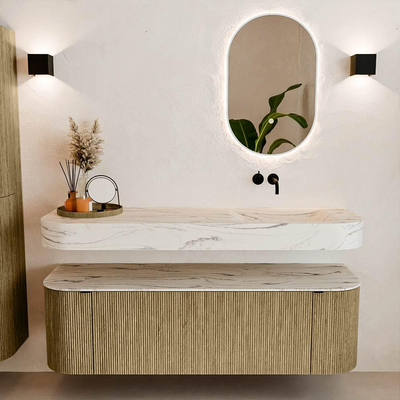 MONDIAZ THOR-DLUX 150cm meuble de salle de bains arrondi gauche + droite couleur Dusk avec 1 tiroir et 2 portes. Vasque suspendue CLOUD Droite sans trou de robinet couleur Nata.