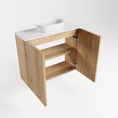 Mondiaz Fowy Toiletmeubel - 60x50x23cm - washed oak mat - 1 kraangat - wasbak midden - 2 deuren - solid surface - blad Melamine - wasbak: wit
