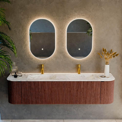 Mondiaz KURVE-DLUX Badkamermeubelset - 180x46x40cm - 2 lade - 2 deuren - wastafel solid surface - dubbel - 2 kraangaten - Ruby