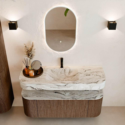 MONDIAZ THOR-DLUX 130cm meuble de salle de bains arrondi gauche + droite couleur Walnut avec 1 tiroir et 2 portes. Vasque suspendue CLOUD Milieu 1 trou de robinet couleur Glace.