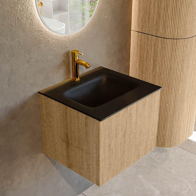 MONDIAZ KURVE 50cm badmeubel kleur Oak met 1 lade. Wastafel GRUNNE midden 1 kraangat Urban.