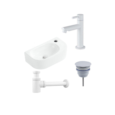 Fugaflow Efficiente Pietra Fonteinset - 40x21.5x12cm - rechts - glad - halfrond - 1 kraangat - keramiek - fonteinkraan wit mat - afvoerplug - verlaagd sifon - wit mat