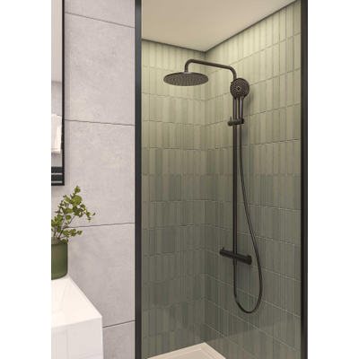 MAY ensemble de douche pluie thermostatique apparent – douche de tête Ø 25 cm – douchette 3 jets – flexible de douche métallique – noir mat