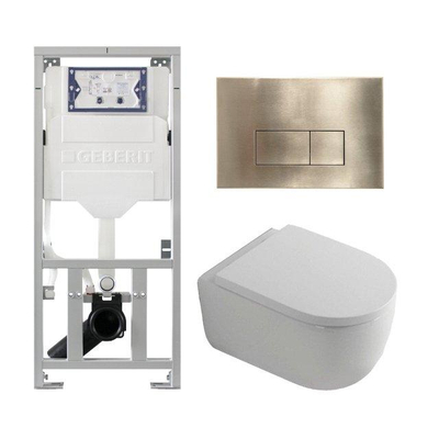 QeramiQ Dely Swirl Ensemble WC - 36.3x51.7cm - Fond creux - Sans bride - Réservoir encastré Geberit UP320 - Abattant de 35mm d'épaisseur - Plaque de commande en laiton brossé - Boutons rectangulaires - Blanc mat