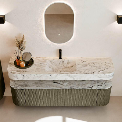 MONDIAZ THOR-DLUX Meuble de salle de bains 170cm arrondi gauche + droite couleur Shadow avec 1 tiroir et 2 portes. Vasque suspendue CLOUD Milieu 1 trou de robinet couleur Glace.