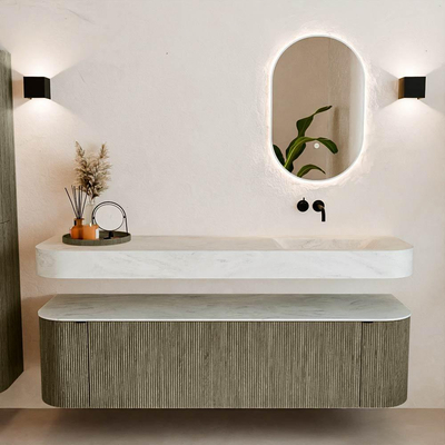 MONDIAZ THOR-DLUX 170cm meuble de salle de bains arrondi gauche + droite couleur Shadow avec 1 tiroir et 2 portes. Vasque suspendue CLOUD Droite sans trou de robinet couleur Opalo.