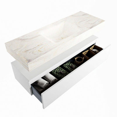 Mondiaz ALAN-DLUX Ensemble de meuble - 130cm - meuble Talc mat - 1 tiroir - Lavabo Cloud Ostra suspendu - vasque Centre - 1 trou de robinet