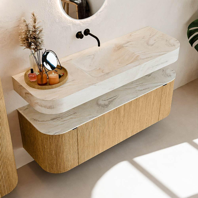 MONDIAZ THOR-DLUX 140cm badmeubel ronding links + rechts kleur Oak met 1 lade en 2 deuren. Vrijhangende wastafel CLOUD Midden zonder kraangat kleur Ostra.