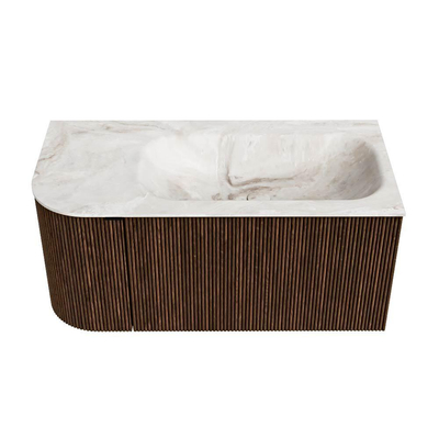 MONDIAZ KURVE-DLUX Meuble de salle de bains 95 cm avec module 25 L couleur Walnut avec 1 tiroir et 1 porte. Lavabo BIG SMALL droit 1 trou de robinet couleur Frappe.
