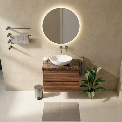 Saniclass Holz Pure Ensemble de meubles de salle de bains - 80x45x63cm - Plan de travail en pierre naturelle Noche dark emperador - sans trou de robinet - 2 tiroirs - walnut pure mat (bois)