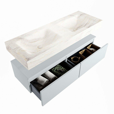 Mondiaz ALAN-DLUX Ensemble de meuble - 130cm - meuble Clay mat - 2 tiroirs - Lavabo Cloud Ostra suspendu - vasque Gauche et droite - 2 trous de robinet