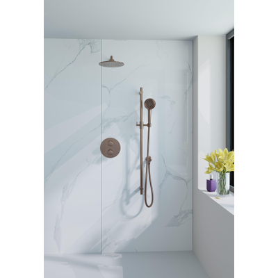 Fortifura Calvi Inbouw Regendoucheset - rond - thermostatisch - wandarm - glijstang - 25cm - hoofddouche - ronde handdouche - gladde slang - PVD - geborsteld koper