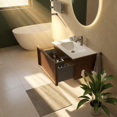Saniclass Holz Frame Ensemble de meubles de salle de bains - 80x45x41.5cm - Flow lavabo en solid surface blanc - 1 vasque - 1 trou de robinetterie - 1 tiroir - walnut pure mat (bois)
