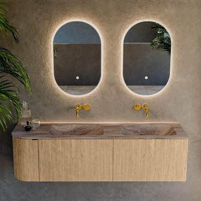 MONDIAZ KURVE-DLUX 155cm badmeubel ronding Links kleur Oak met 2 lades en 1 deur. Wastafel LEAF Dubbel / Rechts zonder kraangat Oza.